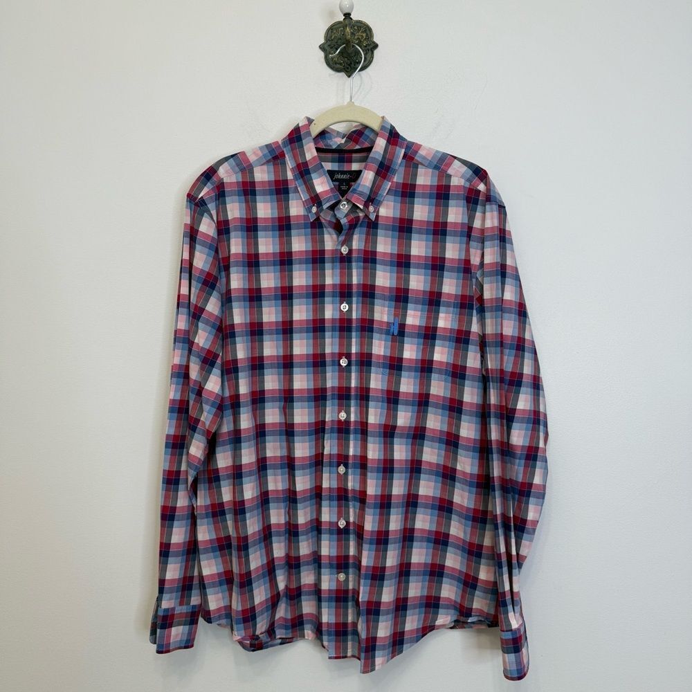 Johnnie O Red Blue Long Sleeve Plaid Button Down Shirt Men Large Egyptian Cotton